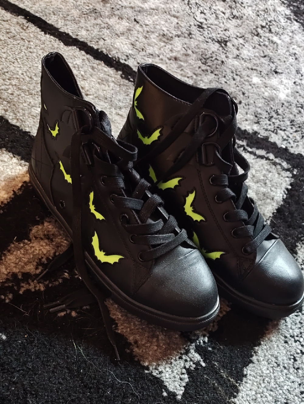 Black High-Top Sneakers with Neon Green Bat Details